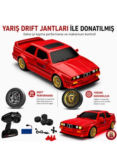 Uzaktan Kumandalı Bmw E30 Drift Arabası Retro Efsane Kasa 30 Km/h Sürat Yapabilen 4x4 Şarjlı Hız Ayarlı Led Işıklı 7 Farklı Renk 2 Farklı Mod Kırmızı