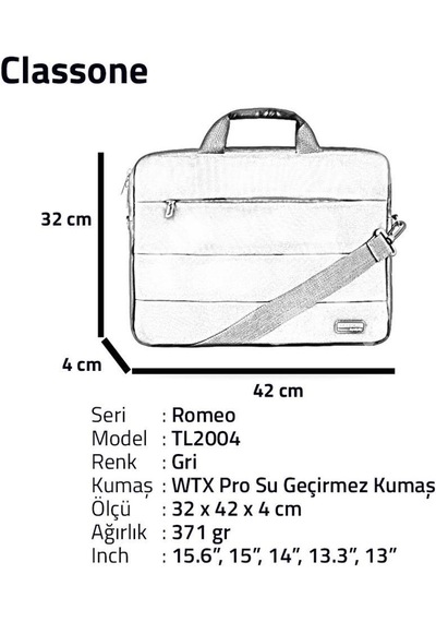 Classone Romeo Serisi TL2004 15.6" Notebook Laptop El Çantası Gri