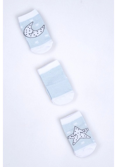 Cocole Socks Erkek Bebek Soket Çorabı 3 Lü Set Pamuklu Açık Mavi Ay & Yıldız Desenli Çok Renkli