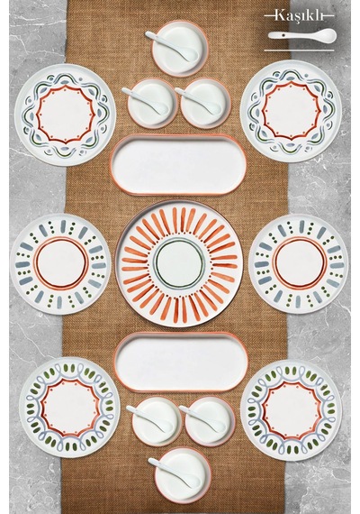 Kitchen Life 21 Parça 6 Kişilik Softline Stackable Yılbaşı Kahvaltı Takımı -  Kaşıklı Kahvaltılık Sunum Tabağı Beyaz