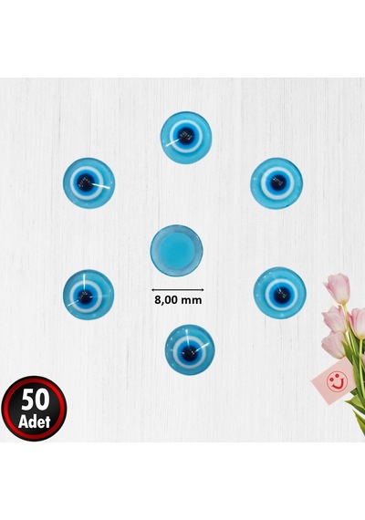 Plastik Yarım Nazar Boncuğu, 8Mm X 50 Adet - Mavi