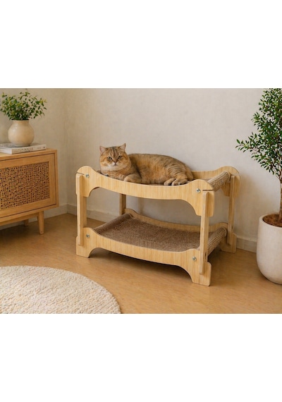 Pureza Ahşap İki Katlı Kedi Yatağı & Dinlenme Standı Hasır Yüzeyli Çift Katlı Tasarım