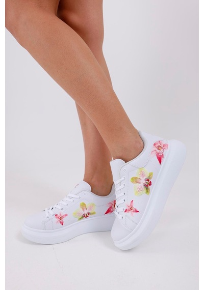 3d Dijital Baskı Kadın Beyaz- Sarı Çiçek Desenli Sneaker Beyaz-sarı