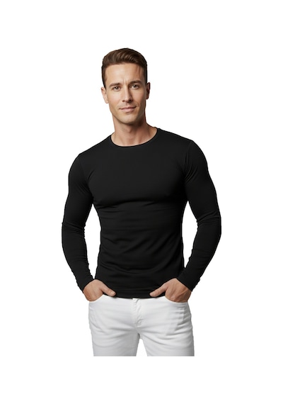 Deepsea Siyah Dar Kalıp Likralı %90 Pamuk Erkek Sweatshirt Vücuda Oturan İnce Penye Sweat 2300423 Siyah