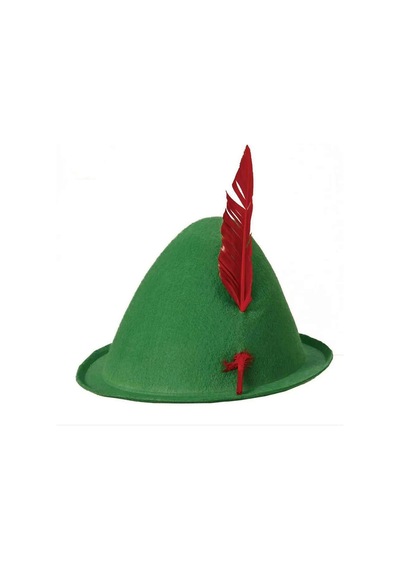 Yeşil Renk Kırmızı Tüylü Peter Pan Şapkası Robin Hood Şapkası 24x23 Cm - Parti Şapkası 0 - 99