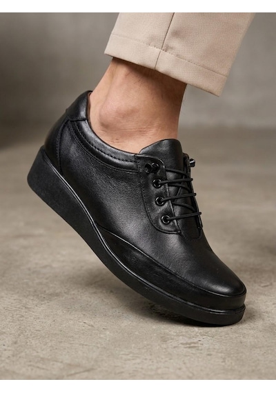 Beren Hakiki Deri Siyah Kadın Ayakkabı Ortopedik Dolgu Taban Düz Esnek Bağcıklı Comfort Casual Sneaker