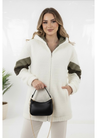 Hiramir Peluş Yeni Sezon Kadın Kolları Şeritli Kolej Mont Ks2577 Beyaz