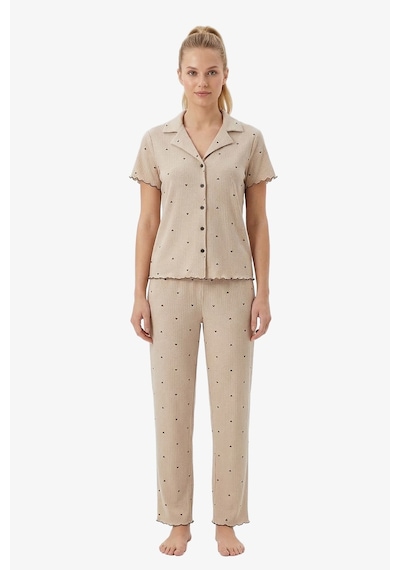 Cottonhill Vizon Kalp Desenli Pointel Gömlek Yaka Kadın Pijama Takımı