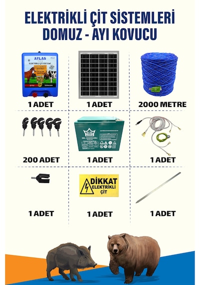 2000mt 25-100 Dönüm Ayı Kovucu Elektrikli Çit Sistemi 24a Akü Ve 25w Güneş Panelli