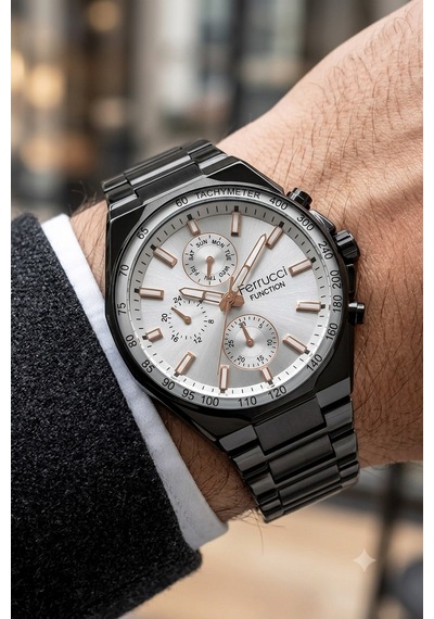 Ferrucci Fc60842 İnce Bilekli Erkeklere Özel Kasa Çap 43mm Fonksiyonlu Çelik Kordon&kasa Erkek Kol Saati Siyah