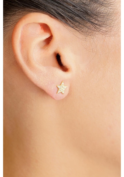 Fiyonk Kuyumculuk 14 Ayar Altın Swarovski Taşlı Büyük Yıldız Küpe 001