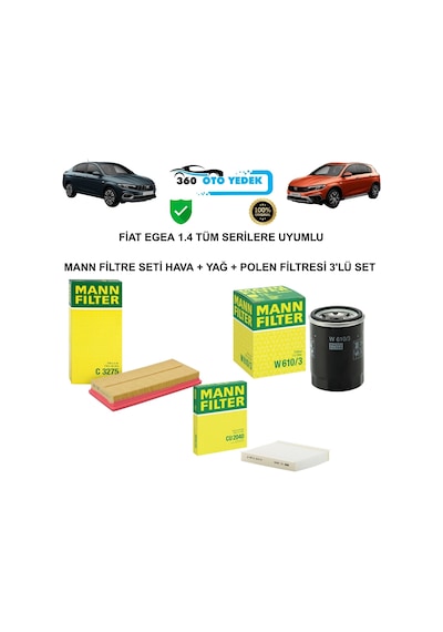 Mann Fiat Egea 1.4 Tüm Serilere Uyumlu Filtre Seti Hava + Yağ + Polen Filtresi 3'lü Set