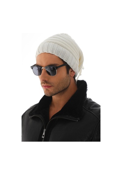 Ritagarcia Unisex Arkası İpli Büzgülü Triko Bere Kışlık Dökümlü Slouchy Beanie Bere Ekru
