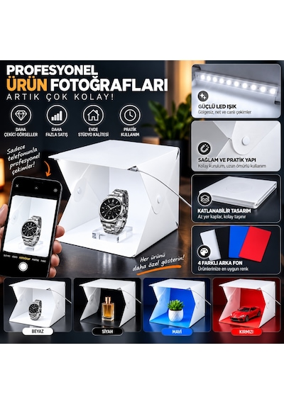 Triline 20x20 Cm Led Işıklı Mini Ürün Fotoğraf Çekim Çadırı 4 Renk Fonlu Taşınabilir Stüdyo Beyaz