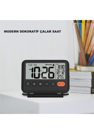 Plentiful Led Katlanır Dijital Saat Pilli Masa & Seyahat Tipi Alarm Takvim Isı Ölçer 10x8cm siyah