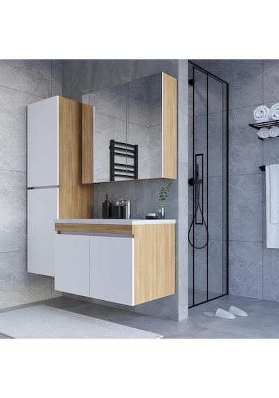 Teta Home Tokyo 80 Cm Mdf Banyo Dolabı Seti +boy Dolabı Teak-beyaz Teak - Beyaz