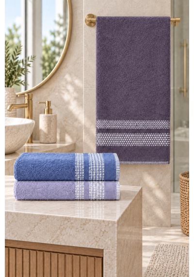 Çift Şerit Desenli Havlu 50x90 Cm 3 Lü Set - Lavender Tide Çok Renkli