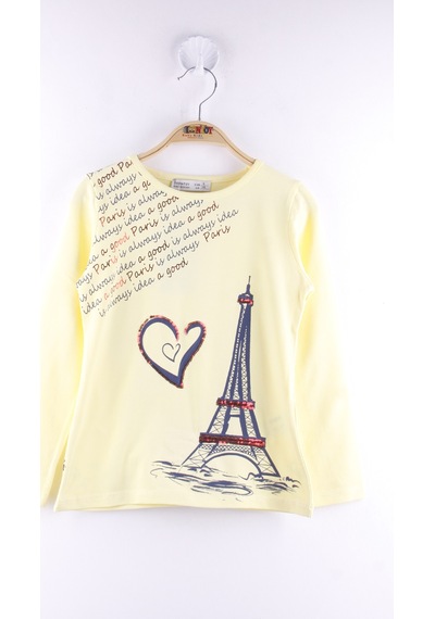 Toontoy Kids Toontoy Kız Çocuk Paris Baskılı Pul Detaylı Tişört Sarı