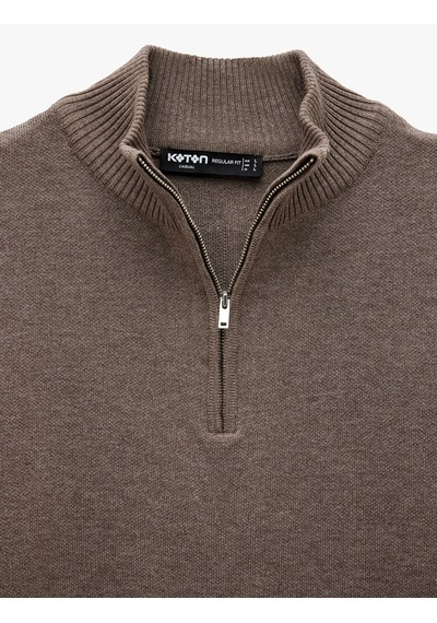 Koton Uzun Kollu Regular Fit Basic Yarım Fermuarlı Triko Kazak Kahverengi 6wam70054ht Kahverengi