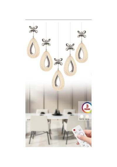 Damla 5 Li Gümüş Yemek Masası Üstü 3 Renk Ledli Kumandalı Modern Sarkıt Led Avize