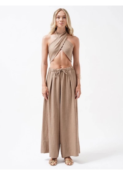 Defymoda Düşük Bel Oversize Keten Pantolon Bej