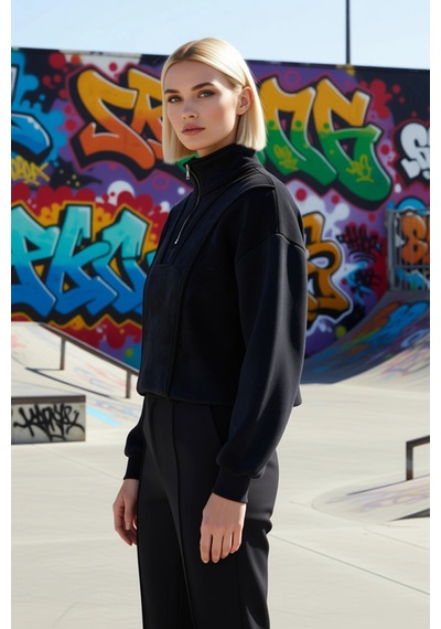 Benerly Kadın Dik Yaka Düşük Kol Fermuar Detaylı Crop Sweatshirt Fonksiyo Antrasit
