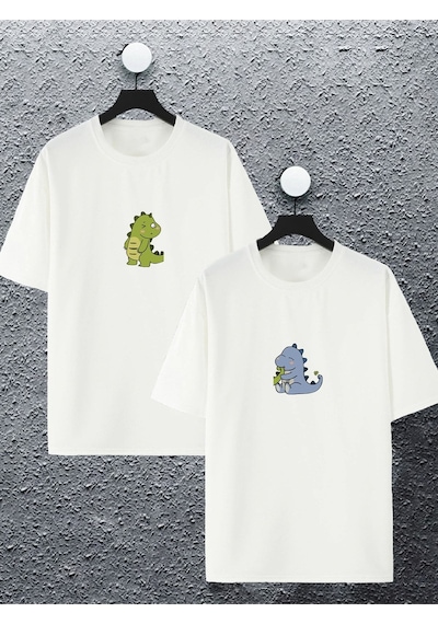 Unisex Kadın Erkek Dinozor Sevgili Baskılı Sevgili Çift Kombini Tasarım Oversize Tshirt 2'li Beyaz Mck2490 Beyaz