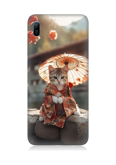Huawei Y6 2019 Uyumlu Geyşa Kıyafetli Kedi Desenli Silikon Kılıf