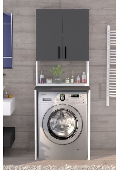 Üst Dolaplı Çok Amaçlı Çamaşır Makinesi Dolabı Antrasit Beyaz - Antrasit