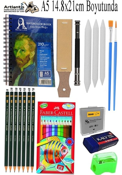 Telli Suluboya Bloğu Kağıdı A5 210gr 20 Yaprak İnce Dokulu Gölgelendirme Zımpara Aquarell Kuruboya Dereceli Kalem Uzatma
