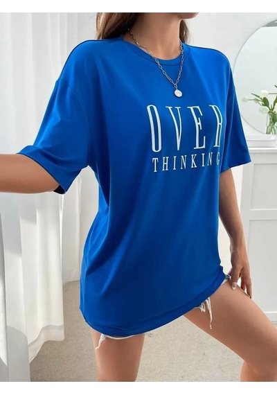 Flood Of Style Over Thinking T-shirt - Baskılı Oversize Bisiklet Yaka Lacivert