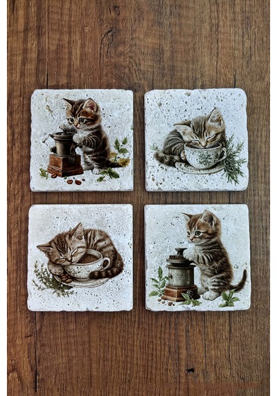 Doğal Taş Bardak Altlığı Sevimli Kediler Temalı 10x10cm- Stone Coasters Çok Renkli