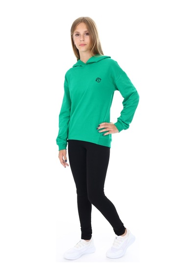Toontoy Kids Toontoy Kız Çocuk 2'li Takım Baskılı Kapüşonlu Düşük Omuz Sweatshirt & Basic Düz Tayt Çimen Yeşili