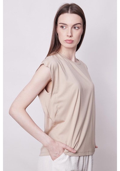 Jument Şık Likralı Span Kumaş Kolsuz Geniş Sıfır Yaka Düşük Omuzlu Basic Tshirt Bluz-koyu Bej K.bej