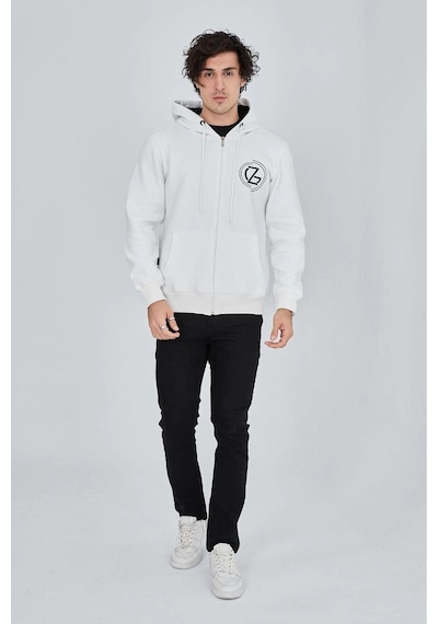 Erkek 3 İplik Pamuklu Fermuarlı Kapüşonlu Kanguru Cepli Baskılı Hoodie - Beyaz