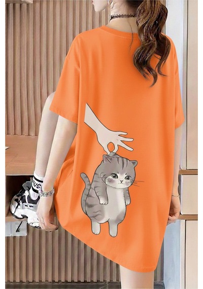 Hand And Cat Kadın Oversize Basic Bisiklet Yaka Pamuklu T-shirt Rahat Kesim Unisex Turuncu