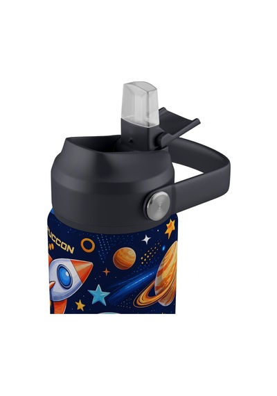 Puccon 540 Ml Uzay Ve Roket Baskılı Siyah - Lacivert Erkek Çocuk Pipetli Çelik Termos Matara/suluk - 60053