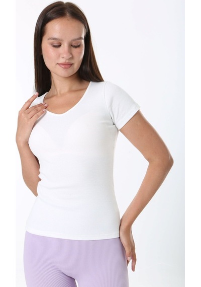 Rooted-kadın Basic V Yaka T-shirt ,fitilli Kaşkorse Kumaş Bluz BEYAZ