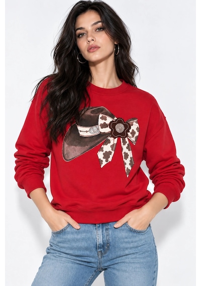 Mevese Kadın Taş İşlemeli Fiyonk Baskı Oversize Üç İplik Rahat Kesim Sweatshirt - Kırmızı