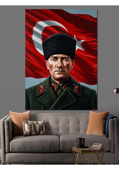 Türk Bayraklı Atatürk Portresi Dekoratif Kanvas - Mdf Ahşap Tablo