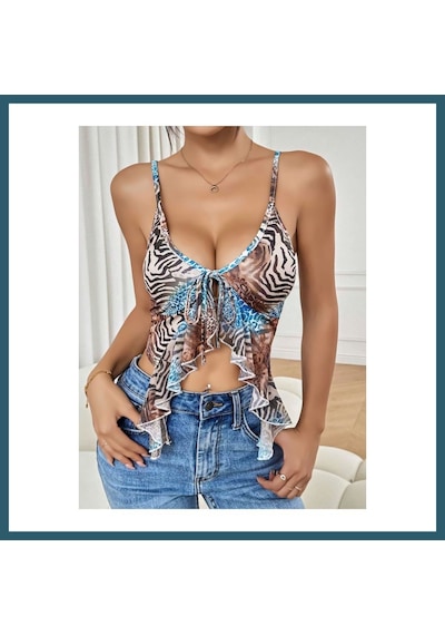 Bezos Kadın Siyah Leopar Desenli Crop Askılı Önden Bağlama Fırfır Detaylı 5091 Beden: S/m Renk: Siyah Ob