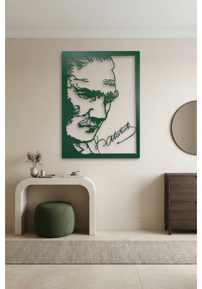 Atatürk Ve İmza Metal Duvar Tablosu - Duvar Sanatı - Duvar Dekoru - Yeşil
