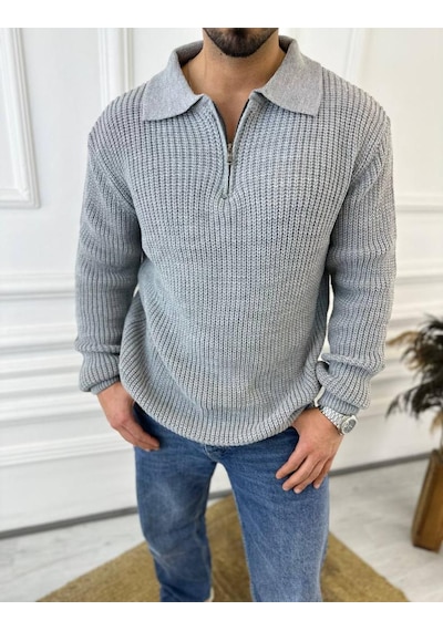 Elku Moda Kazak Oversize Tüylenmez Naturel Pamuk Fermuarlı Polo Yaka Örme Triko Kazak Gri