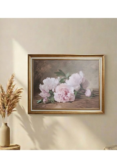 Gold Çerçeveli Vintage Natürmort Dekoratif Tablo - Pembe Çiçekler - 80x60 Cm