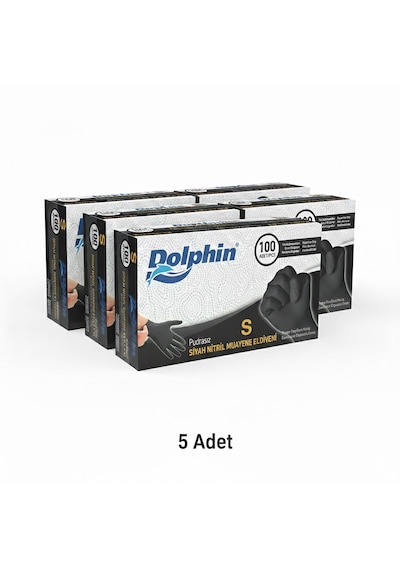 Dolphin S Beden, 5 Kutu, Siyah, Nitril Eldiven, Pudrasız, Latekssiz, Kutuda 100 Adet