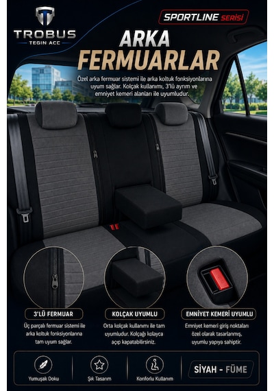Volkswagen Beetle 2012-2016 Uyumlu Sportline Serisi Füme Siyah Oto Koltuk Kılıfı