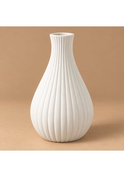 Yivli Beyaz Dekoratif Vazo Modern Kuru Çiçeklik, Salon Ve Ev Dekorasyonu 15 Cm