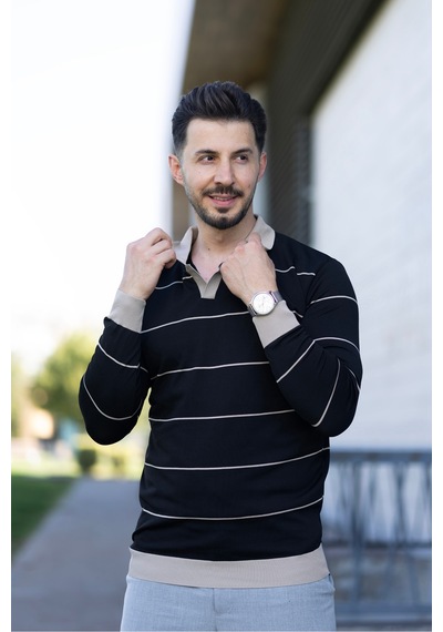 Hk Premium Çizgili Polo Yaka Slim Fit Triko Kazak Siyah