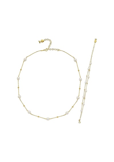 Kadın Dorika Toplu Doğal İnci Kolye Bileklik İkili Set 40 Cm / Sarı Gümüş