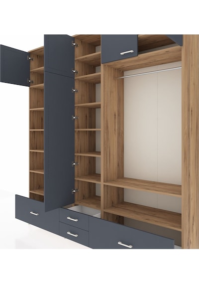 Hyperion Dolap 18 Raflı 4 Çekmeceli Tek Askılı 220x44x243 Çam-antrasit/antrasit Antrasıt/antrasıt